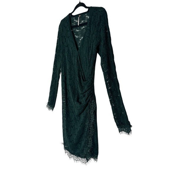 Free People Dress Women's Small Mini Dark Green Lace Faux Wrap Long Sleeve Sheer - Picture 10 of 11